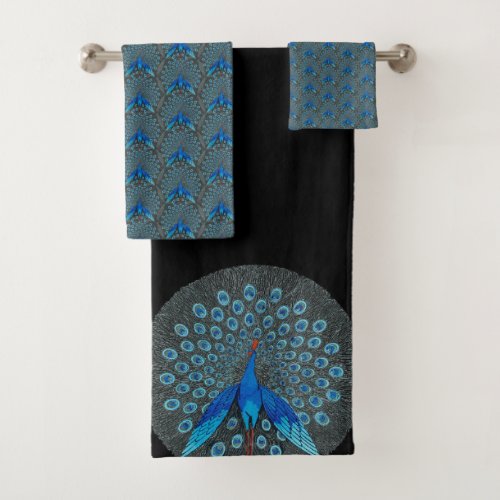 Monogram Peacock Teal Blue and Black Monogram Bath Towel Set