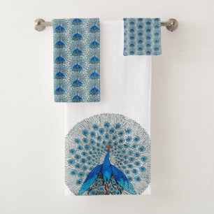 Monogram Peacock Teal Blue and White Monogram Bat Bath Towel Set