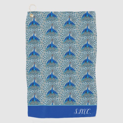 Monogram Peacock Teal Blue and White Monogram  Bat Golf Towel