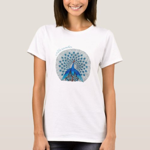 Monogram Peacock Teal Blue and White Monogram   T_Shirt