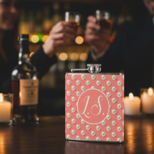 Monogram Pearl Accent Coral Flask