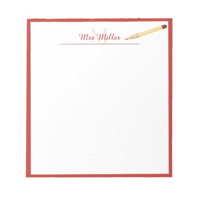 Monogram Pencil Personalized Teacher Notepad (Front)