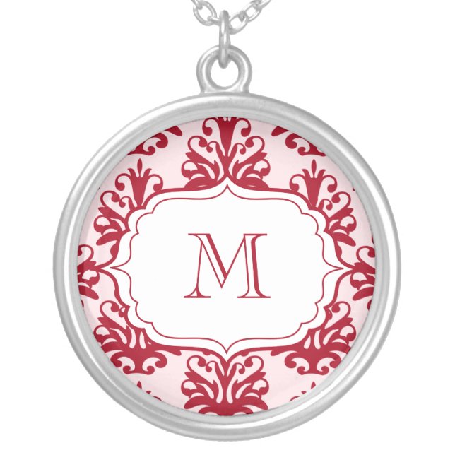 Monogram Pendant Initials Necklace Red Damask (Front)