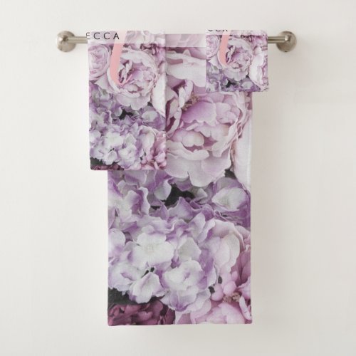 Monogram Peony Roses Floral Pink Script Bath Towel Set
