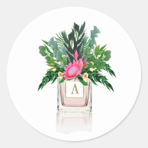 Monogram Perfume Bottle Protea Flowers Elegant Classic Round Sticker