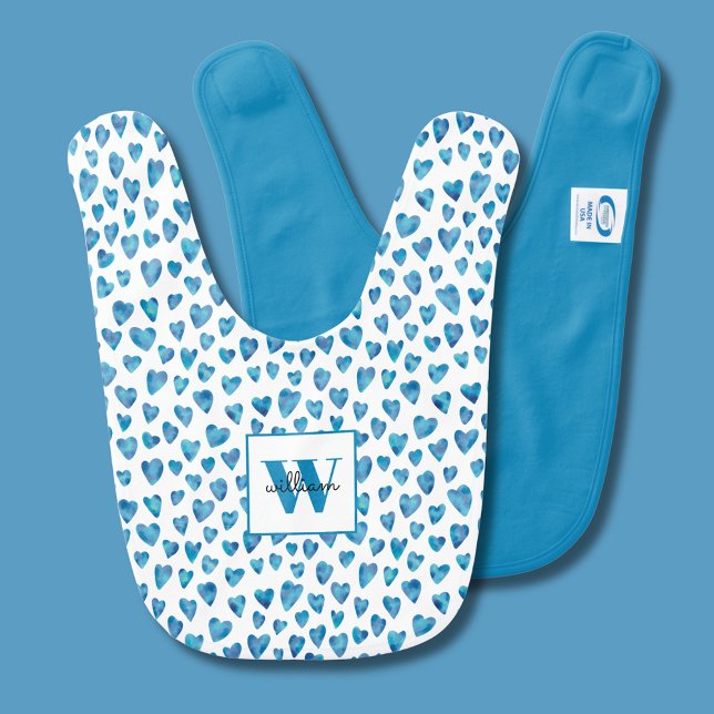 Monogram Personalised Blue Heart Baby Bib (Blue love heart baby bib with initial and monogram.  Matching baby gift range available. )