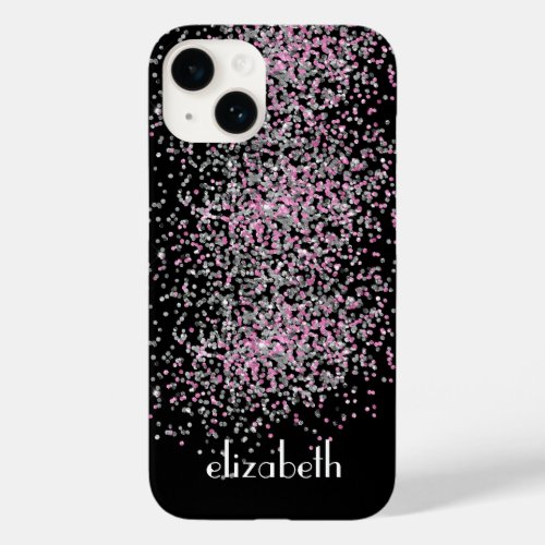 Monogram Personalize Black Pink Silver Glitter  Case_Mate iPhone 14 Case