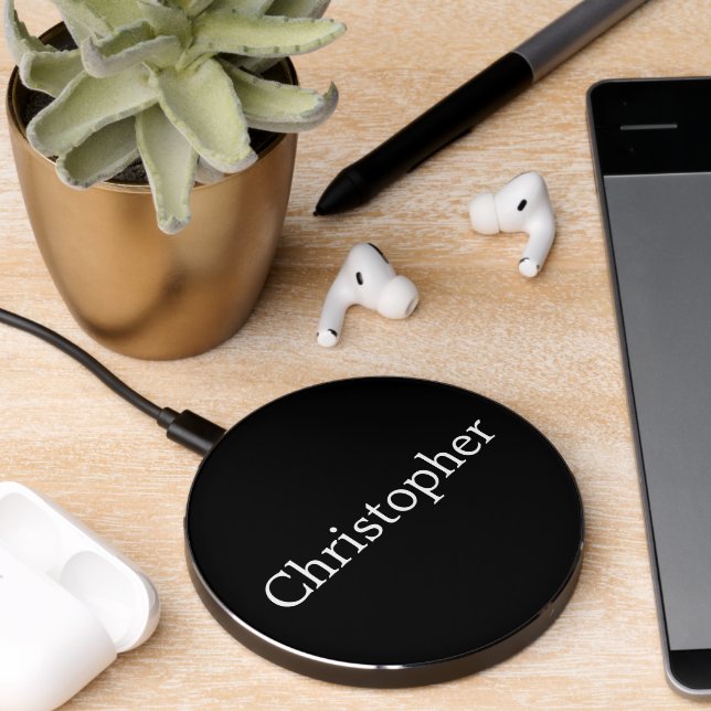 Monogram Personalize Black White Gift Him Wireless Charger (Desk 2)