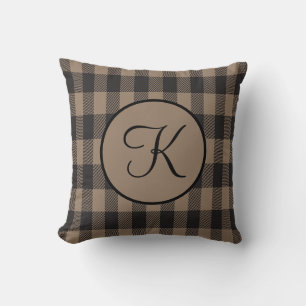 Monogram personalize Brown and Black Buffalo Plaid Throw Pillow