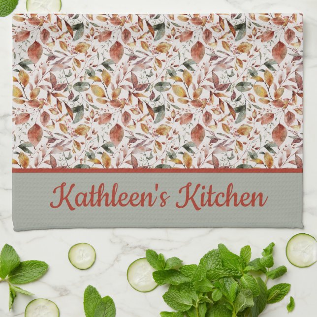 Monogram Personalize Fall Leaves Green Orange Red  Kitchen Towel (Folded)