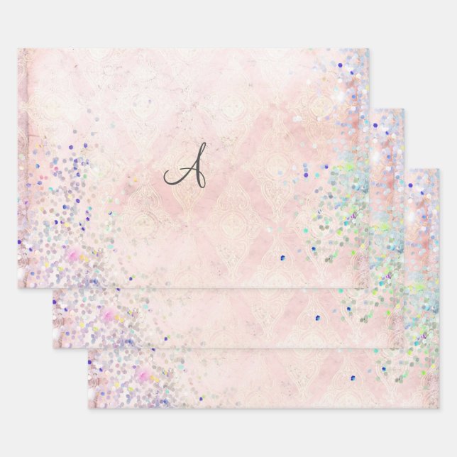 Monogram Personalize Pink Glitter Elegant Trendy Wrapping Paper Sheets (Set)