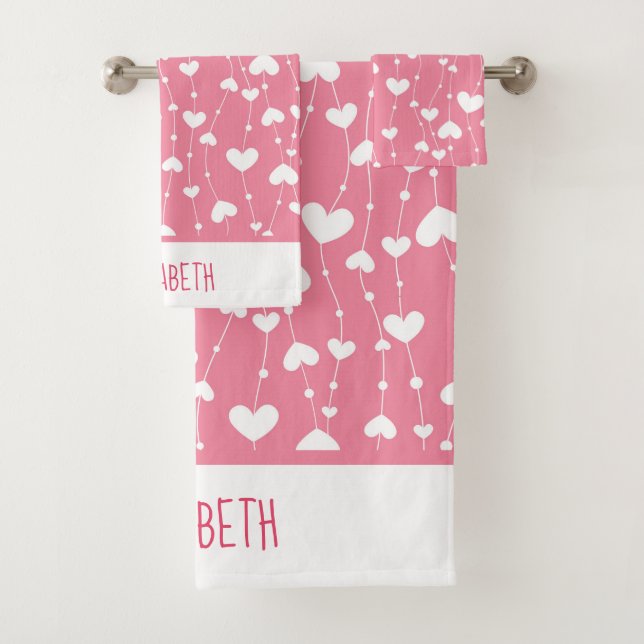 Monogram Personalize Pink White Hearts Bath Towel Set (Insitu)