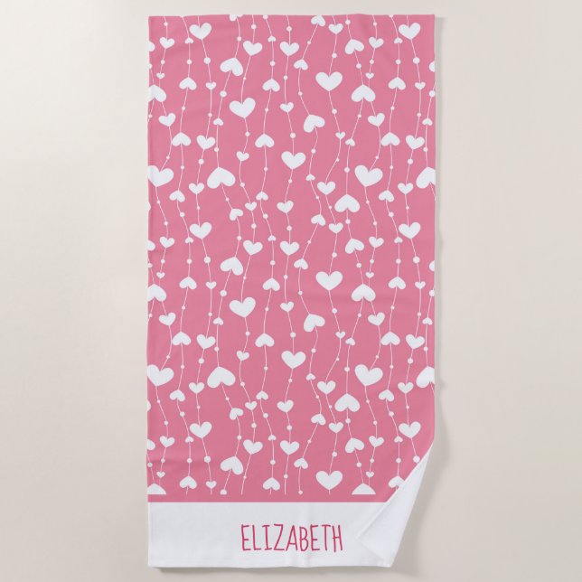 Monogram Personalize Pink White Hearts Beach Towel (Front)