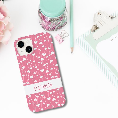Monogram Personalize Pink White Hearts Girly Case_Mate iPhone 14 Case