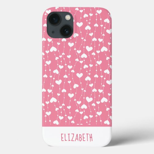 Monogram Personalize Pink White Hearts Girly iPhone 13 Case