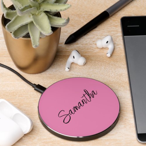 Monogram Personalize Pink White Script Wireless Charger
