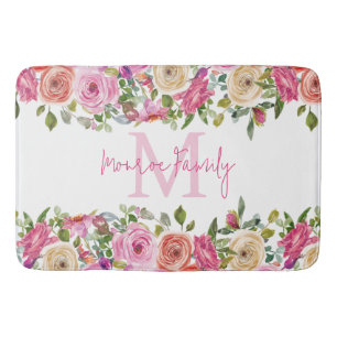Monogram Personalize Watercolor Floral Bath Mat