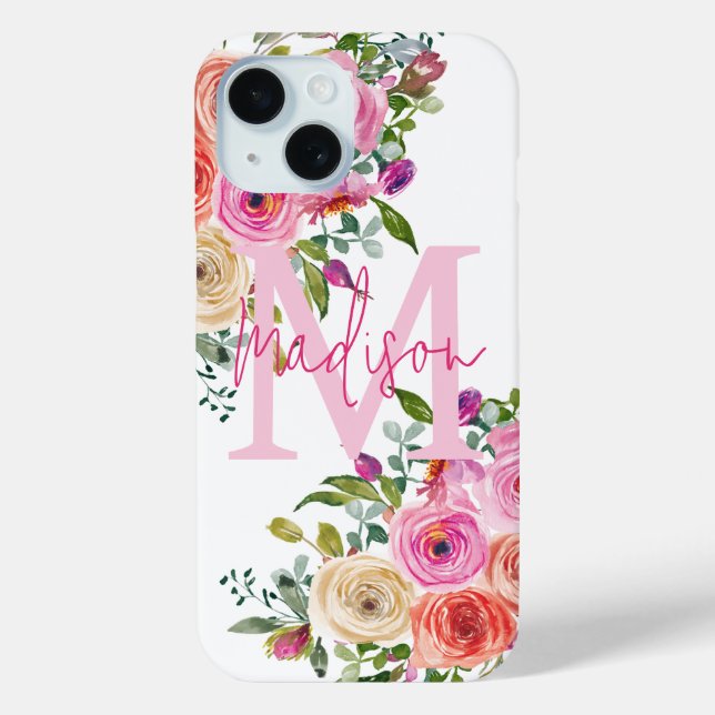 Monogram | Personalize | Watercolor | Floral  Case-Mate iPhone Case (Back)