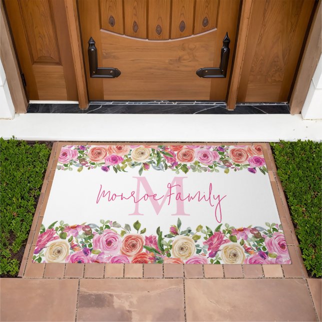Monogram | Personalize | Watercolor | Floral  Doormat (Outdoor)