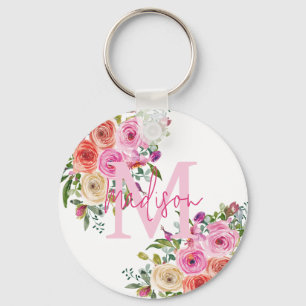 Monogram   Personalize   Watercolor   Floral  Keychain