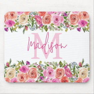 Monogram | Personalize | Watercolor | Floral  Mouse Pad