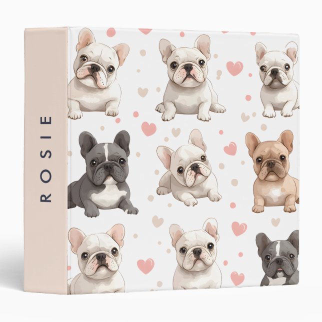 Monogram Personalized Adorable French Bulldog  3 Ring Binder (Front/Spine)