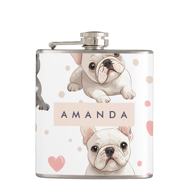 Monogram Personalized Adorable French Bulldog  Flask (Front)