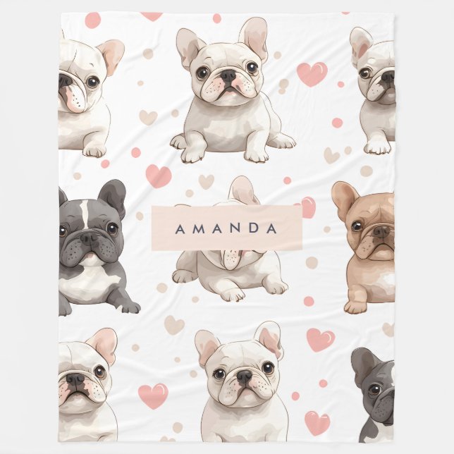 Monogram Personalized Adorable French Bulldog  Fleece Blanket (Front)