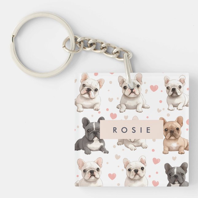 Monogram Personalized Adorable French Bulldog  Keychain (Front)
