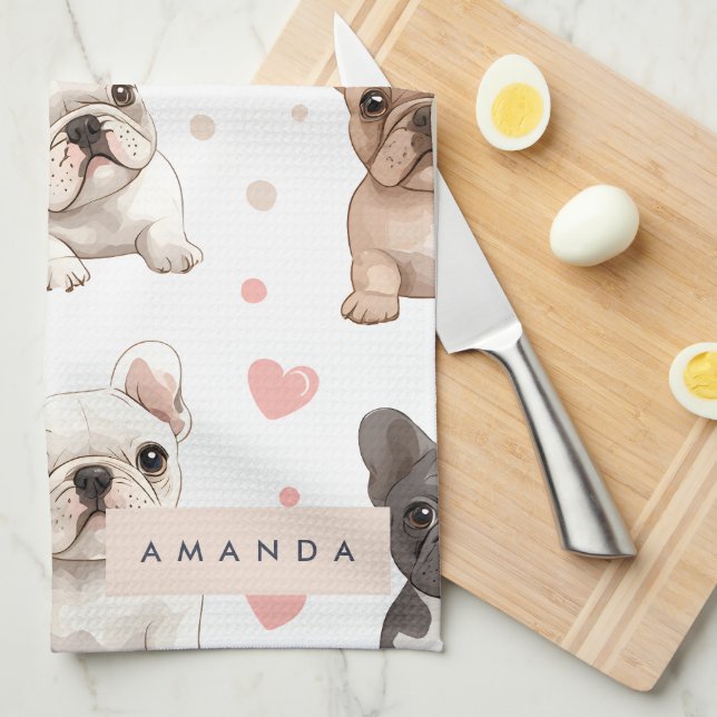 Monogram Personalized Adorable French Bulldog  Kitchen Towel (Quarter Fold)