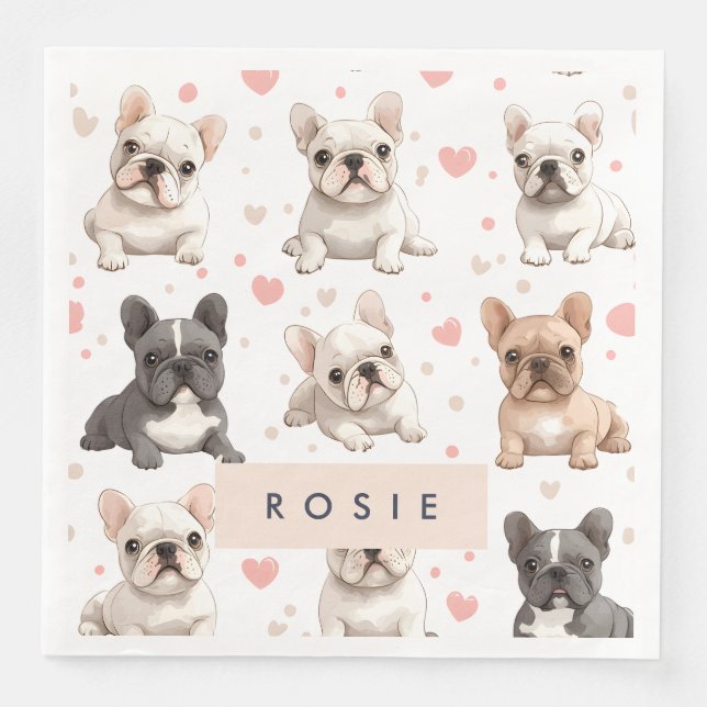 Monogram Personalized Adorable French Bulldog  Paper Dinner Napkins (Front)