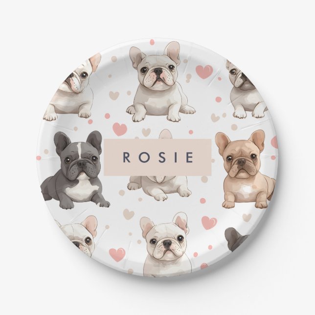 Monogram Personalized Adorable French Bulldog  Paper Plates (Front)