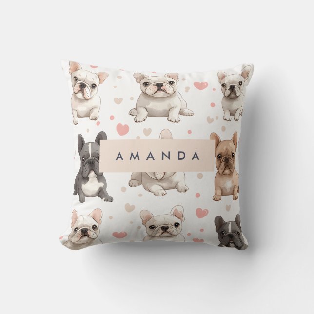 Monogram Personalized Adorable French Bulldog  Throw Pillow (Front)