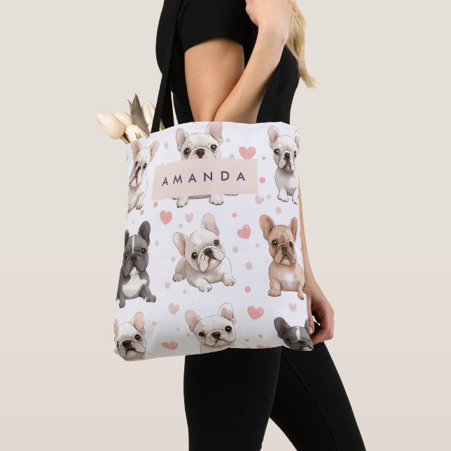 Monogram Personalized Adorable French Bulldog  Tote Bag (Close Up)
