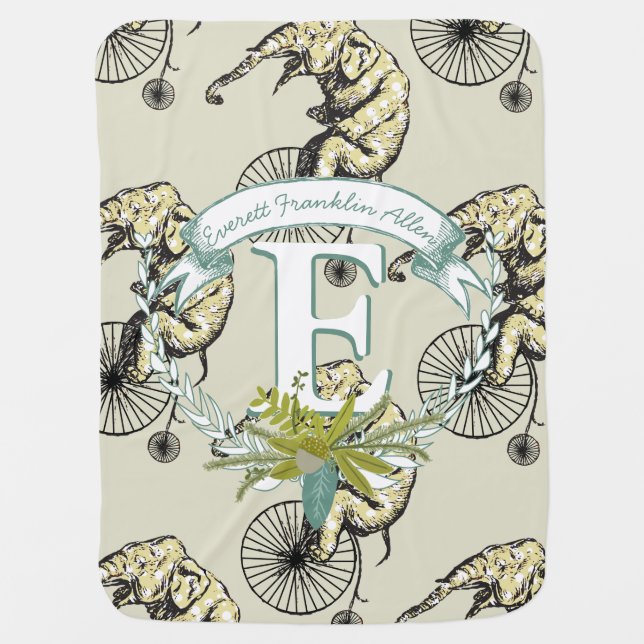 Monogram Personalized Biker Elephant Mint Baby Boy Receiving Blanket (Front)