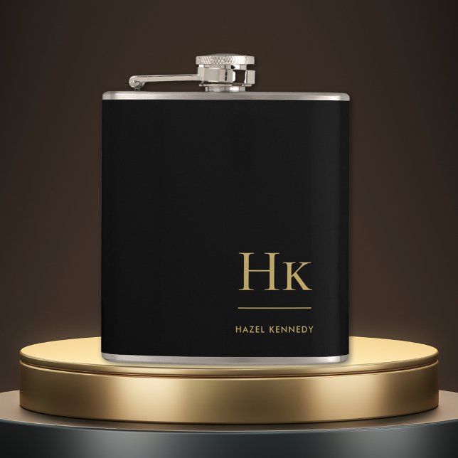 Monogram Personalized Black Gold  Flask (Creator Uploaded)