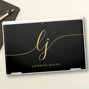 Monogram Personalized Black Gold Initials Script HP Laptop Skin