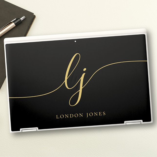 Monogram Personalized Black Gold Initials Script HP Laptop Skin (Creator Uploaded)