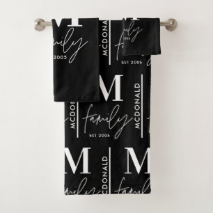 Monogram personalized black modern family bath towel set