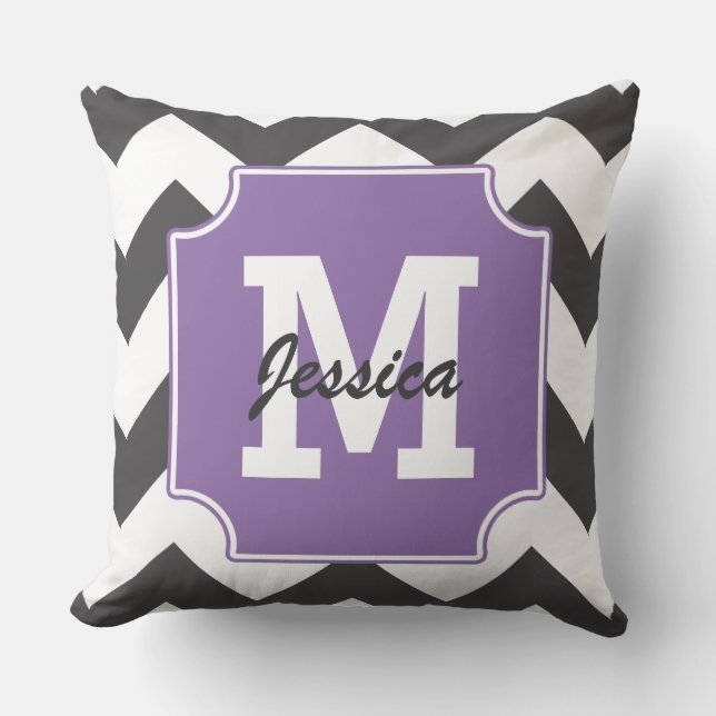 Monogram Personalized Black Purple Chevron Throw Pillow (Front)