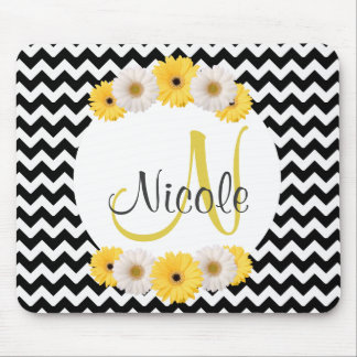 Monogram Personalized black white chevron Daisy Mouse Pad