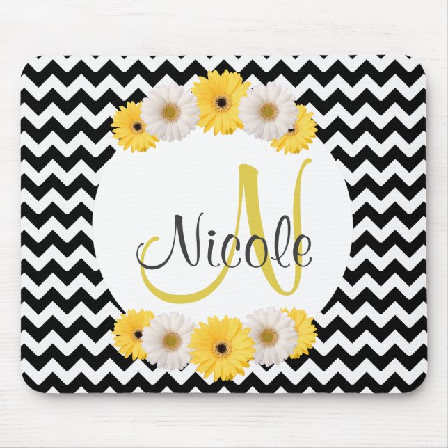 Monogram Personalized black white chevron Daisy Mouse Pad (Front)