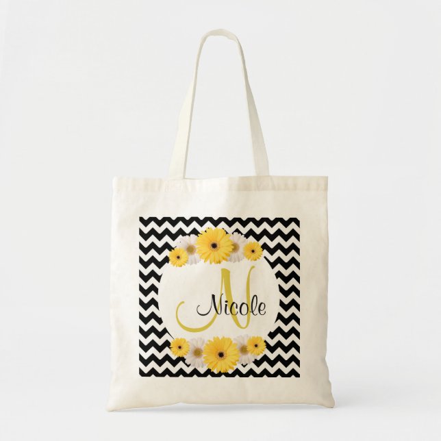 Monogram Personalized black white chevron Daisy Tote Bag (Front)