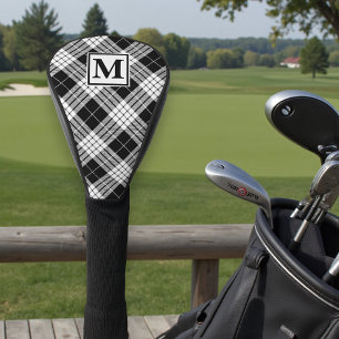 Monogram Personalized Black & White Tartan Pattern Golf Head Cover