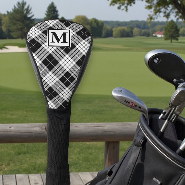 Monogram Personalized Black & White Tartan Pattern Golf Head Cover (Creator Uploaded)