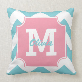 Monogram Personalized Blue and Pink Chevron Throw Pillow