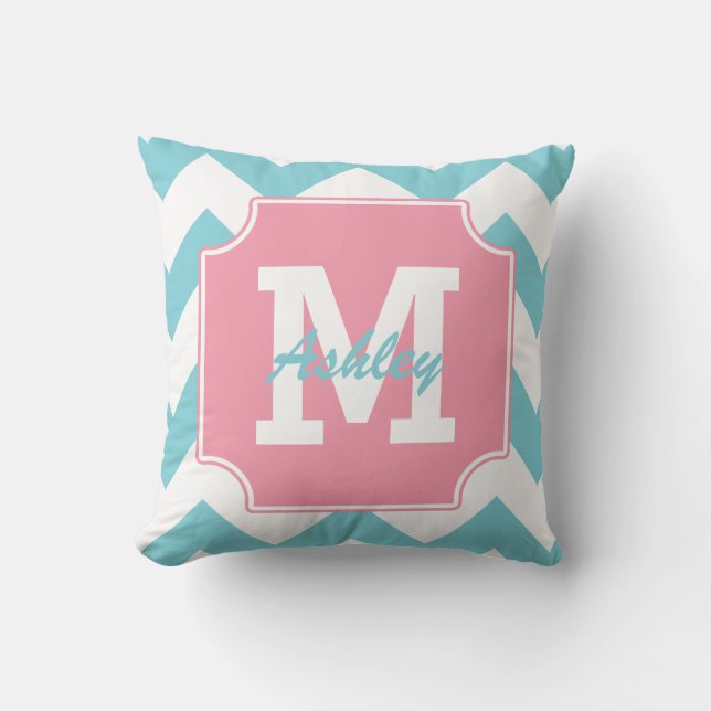 Monogram Personalized Blue and Pink Chevron Throw Pillow (Front)