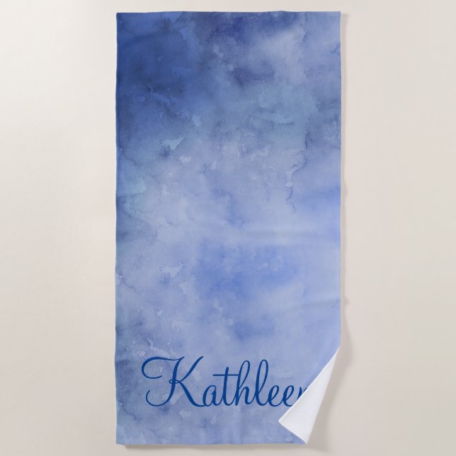 Monogram Personalized Blue and White Watercolor Beach Towel (Front)