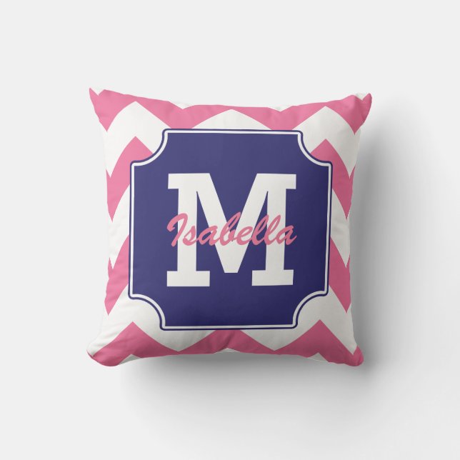 Monogram Personalized Blue Pink Chevron Throw Pillow (Front)