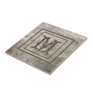 Monogram Personalized Brown Stone Look Rustic Ceramic Tile